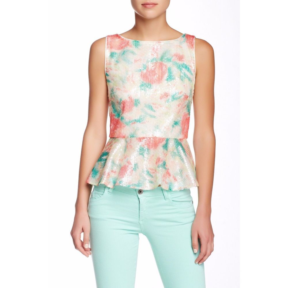 NWT $385 alice + olivia Rosie Embellished Silk‎ Lined Peplum Tank [ Small ]